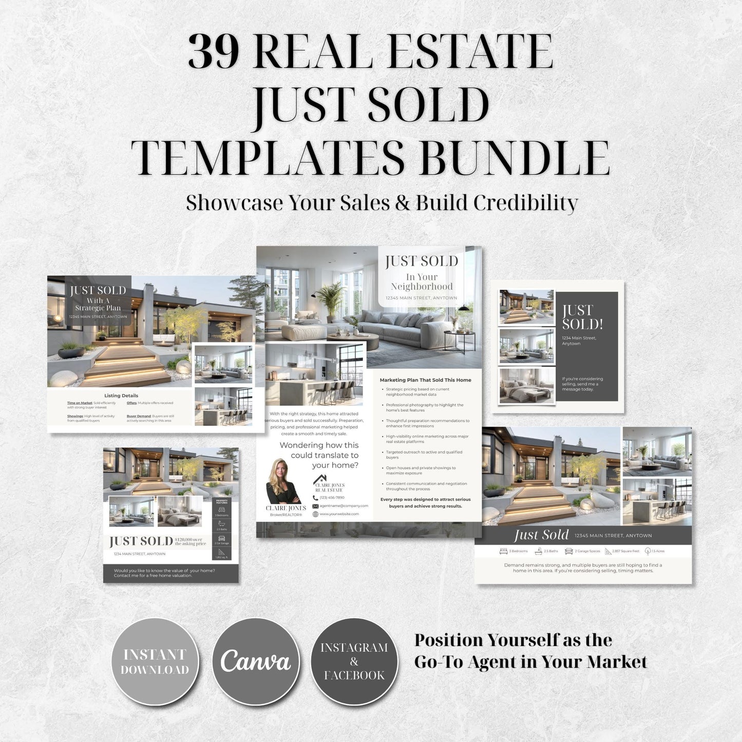 39 Just Sold Realtor Templates | Flyers, Postcards, Social Media Canva Templates | Real Estate Marketing Bundle