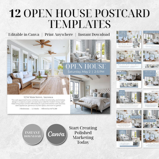 Open House Postcard Template Bundle | 12 Canva Editable Realtor Postcards | 5x7 Real Estate Marketing Templates | Instant Download