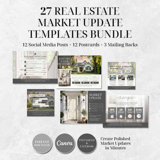 27 Real Estate Market Update Templates | Realtor Social Media & Postcard Canva Templates | Monthly Housing Market Posts