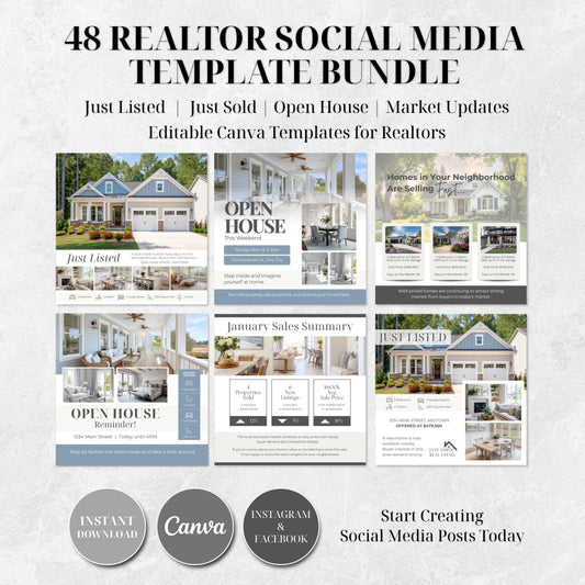 48 Realtor Social Media Canva Templates | Just Listed, Just Sold, Open House, Market Update | Real Estate Instagram Facebook Bundle