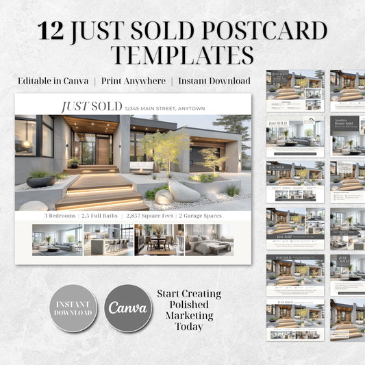Just Sold Postcard Template Bundle | 12 Canva Editable Realtor Postcards | 5x7 Real Estate Marketing Templates | Instant Download