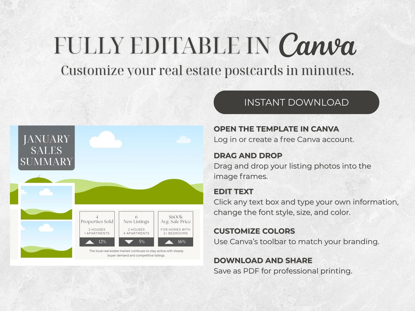 Real Estate Market Update Template | Realtor Postcard Canva Template | 12 Market Update Postcards + 3 Backs | Editable Marketing Kit