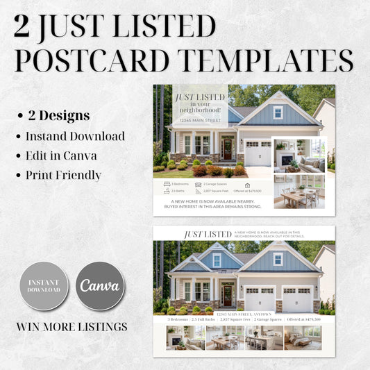 Just Listed Postcard Template, Canva Editable Real Estate Postcard, Realtor Marketing Template, 5x7 Postcard, Instant Download
