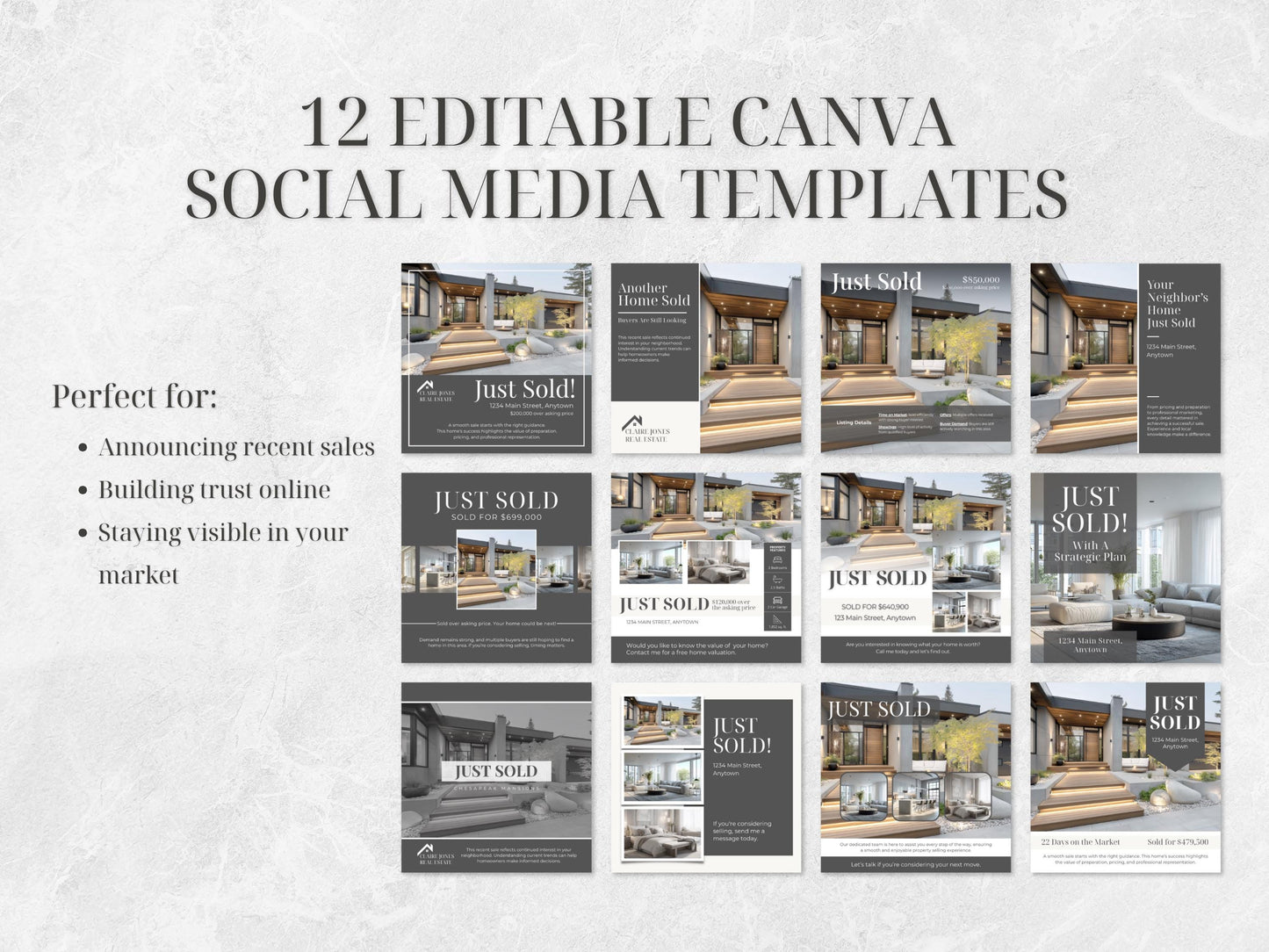 39 Just Sold Realtor Templates | Flyers, Postcards, Social Media Canva Templates | Real Estate Marketing Bundle
