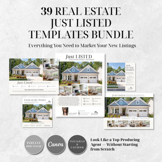 39 Just Listed Realtor Templates | Flyers, Postcards, Social Media Canva Templates | Real Estate Marketing Kit