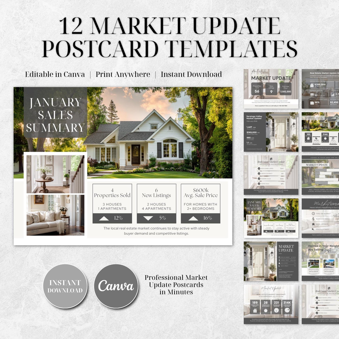 Real Estate Market Update Template | Realtor Postcard Canva Template | 12 Market Update Postcards + 3 Backs | Editable Marketing Kit