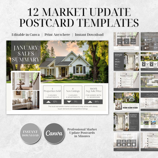 Real Estate Market Update Template | Realtor Postcard Canva Template | 12 Market Update Postcards + 3 Backs | Editable Marketing Kit