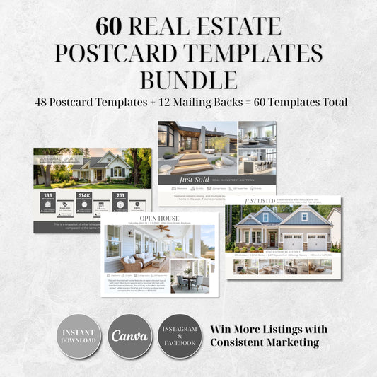 60 Real Estate Postcard Templates Bundle, Just Listed, Just Sold, Open House, Market Update, Canva Editable Realtor Marketing Kit