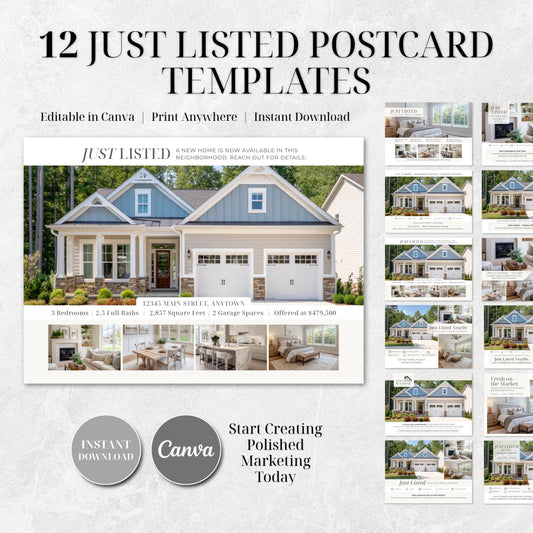 Just Listed Postcard Template Bundle | 12 Canva Editable Realtor Postcards | 5x7 Real Estate Marketing Templates | Instant Download