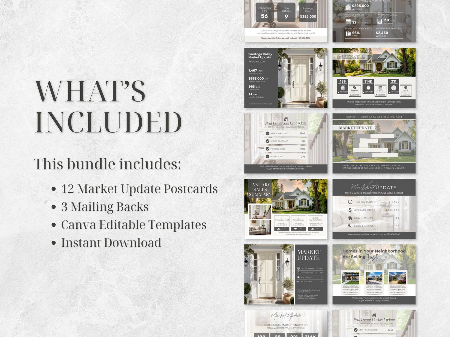 Real Estate Market Update Template | Realtor Postcard Canva Template | 12 Market Update Postcards + 3 Backs | Editable Marketing Kit