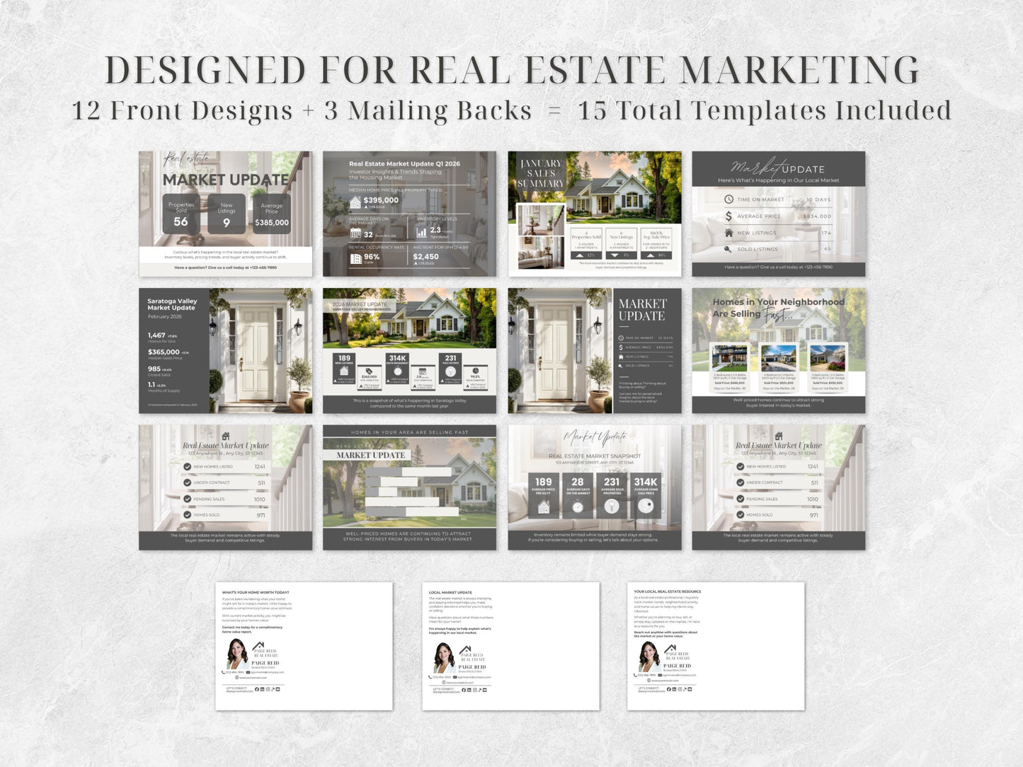Real Estate Market Update Template | Realtor Postcard Canva Template | 12 Market Update Postcards + 3 Backs | Editable Marketing Kit