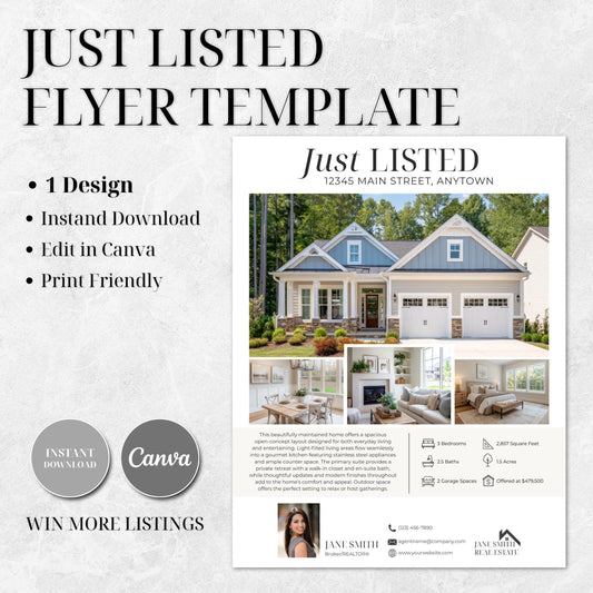 Just Listed Flyer Template, Editable Canva Real Estate Flyer, Realtor Marketing Template, Instant Download
