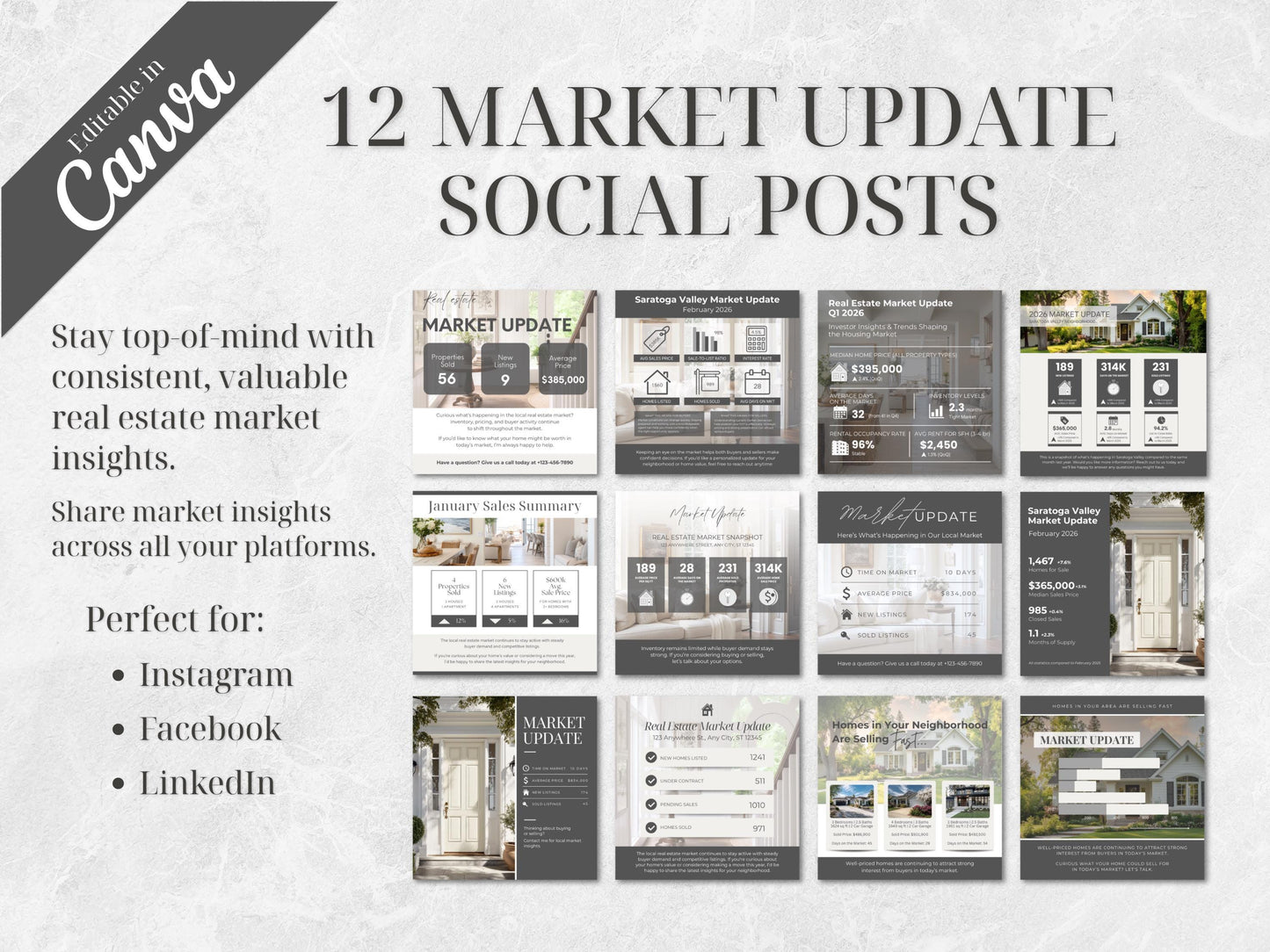 27 Real Estate Market Update Templates | Realtor Social Media & Postcard Canva Templates | Monthly Housing Market Posts